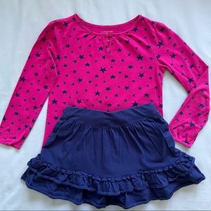 Lands End Long Sleeve Shirt, Pink with Navy Stars & Navy Ruffle Skirt, Size 5/6